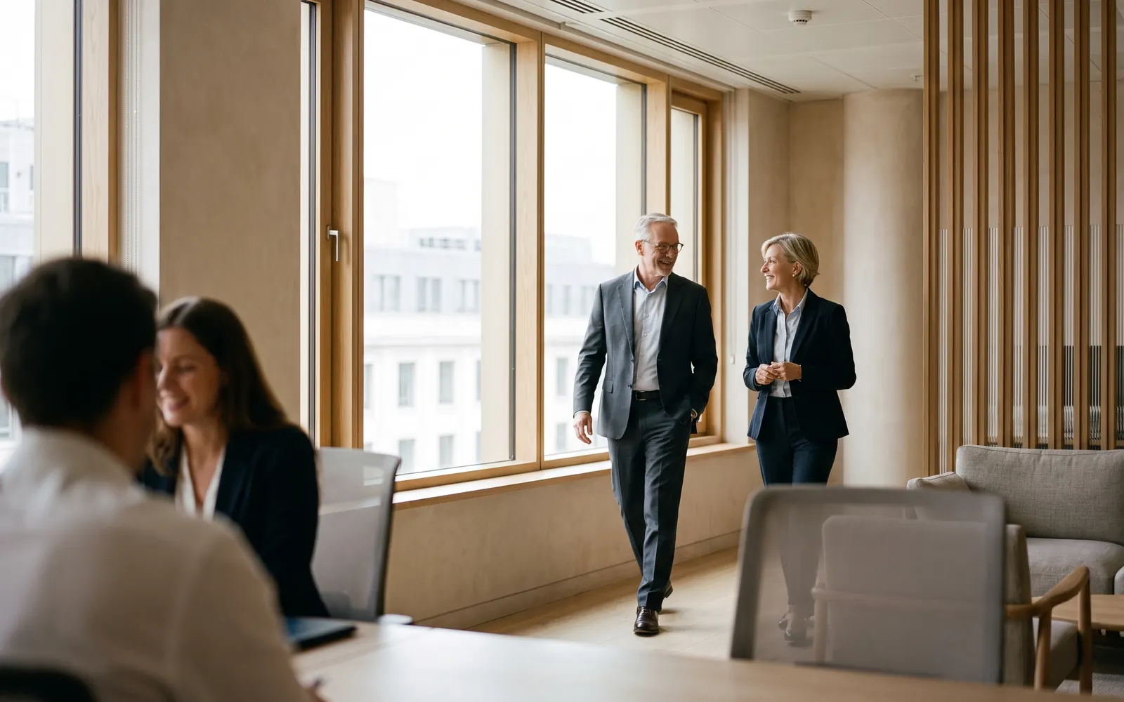 Two people walk through an office as another pair talk nearby